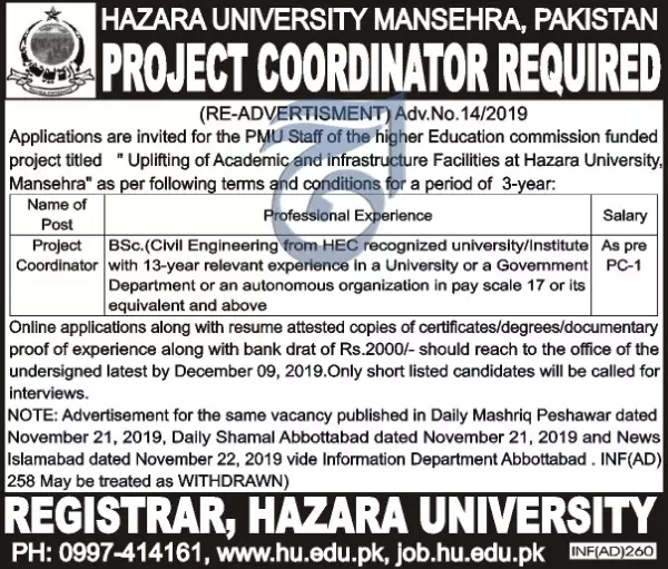 Jobs Project Coordinator Hazara University Mansehra Jobs 2019 — original advertisement