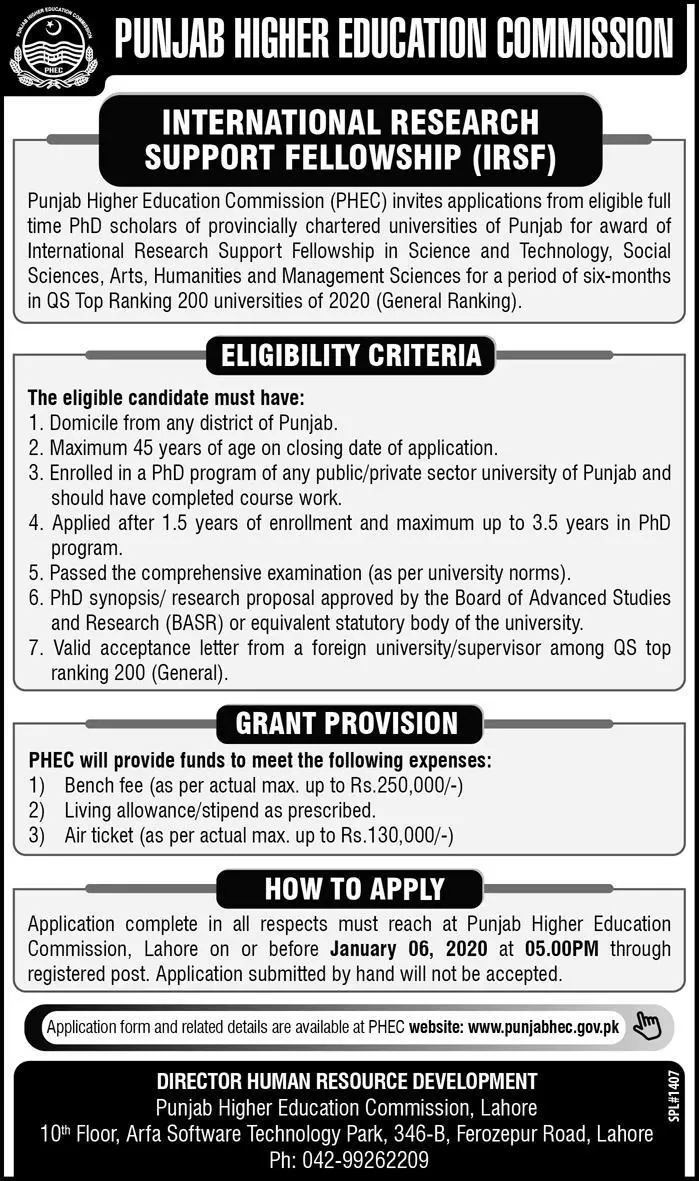 International Research Support Fellowship IRSF HEC Punjab – Punjab Higher Education Commission Scholarships 2019 — original advertisement