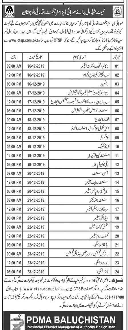 Test Interviews PDMA Balochistan – Provincial Disaster Management Authority PDMA Balochistan Jobs 2019 — original advertisement