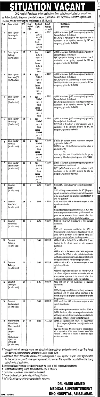 Jobs District Head Quarter Hospital Faisalabad – Health Department Punjab Jobs 2019 — original advertisement