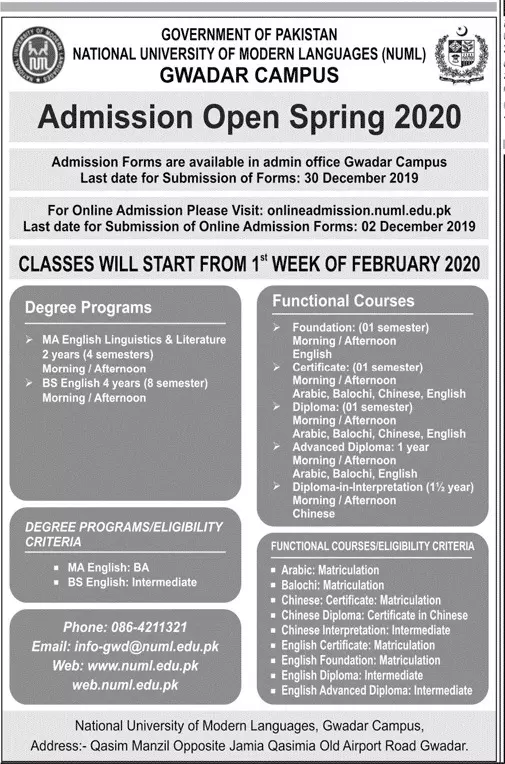 Admissions NUML Gawadar Campus – National University of Modern Languages Islamabad Admissions 2019 — original advertisement