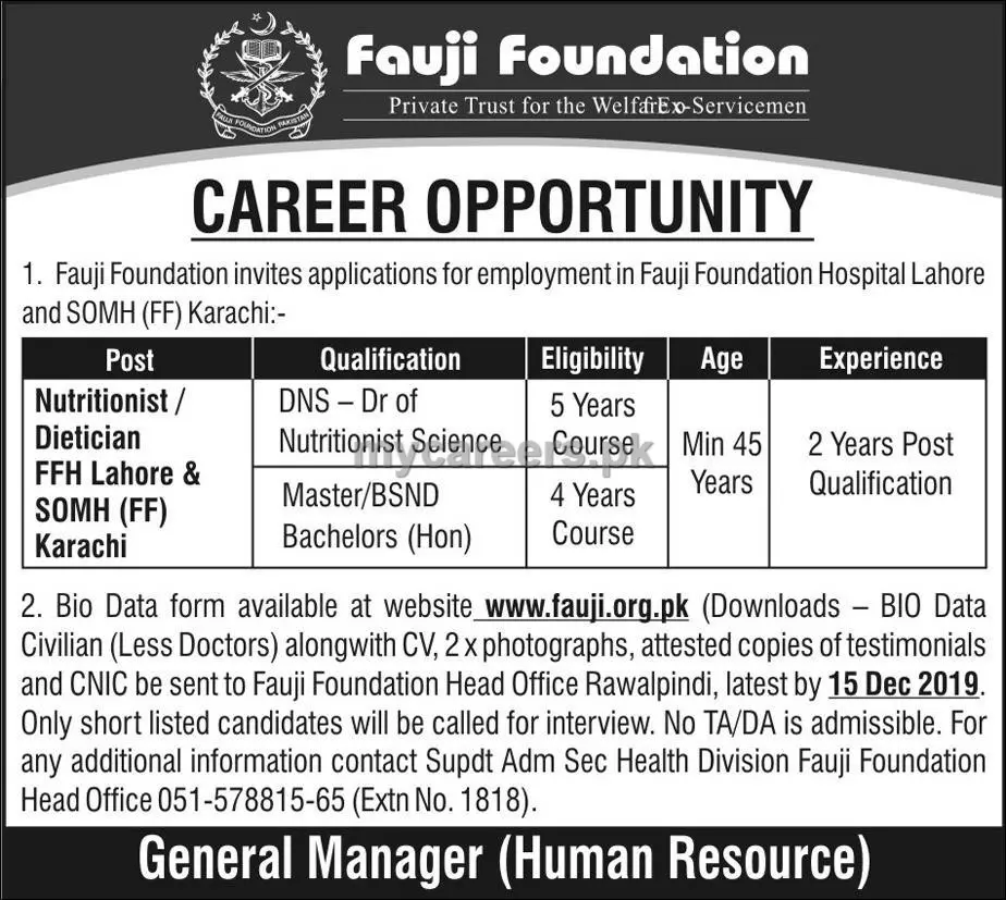 Jobs Fauji Foundation Hospital Karachi & Lahore – Fauji Foundation Rawalpindi Jobs 2019 — original advertisement