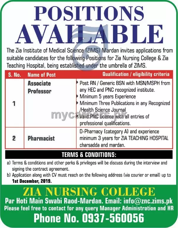 Jobs Zia Nursing College Mardan Jobs 2019 — original advertisement