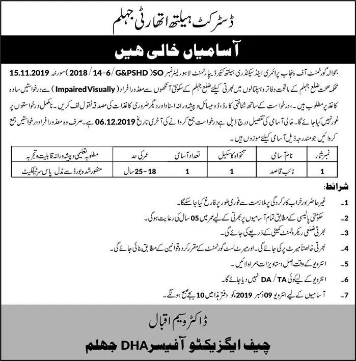 Jobs Disable Quota Health Deptt Jehlum Punjab – Health Department Punjab Jobs 2019 — original advertisement