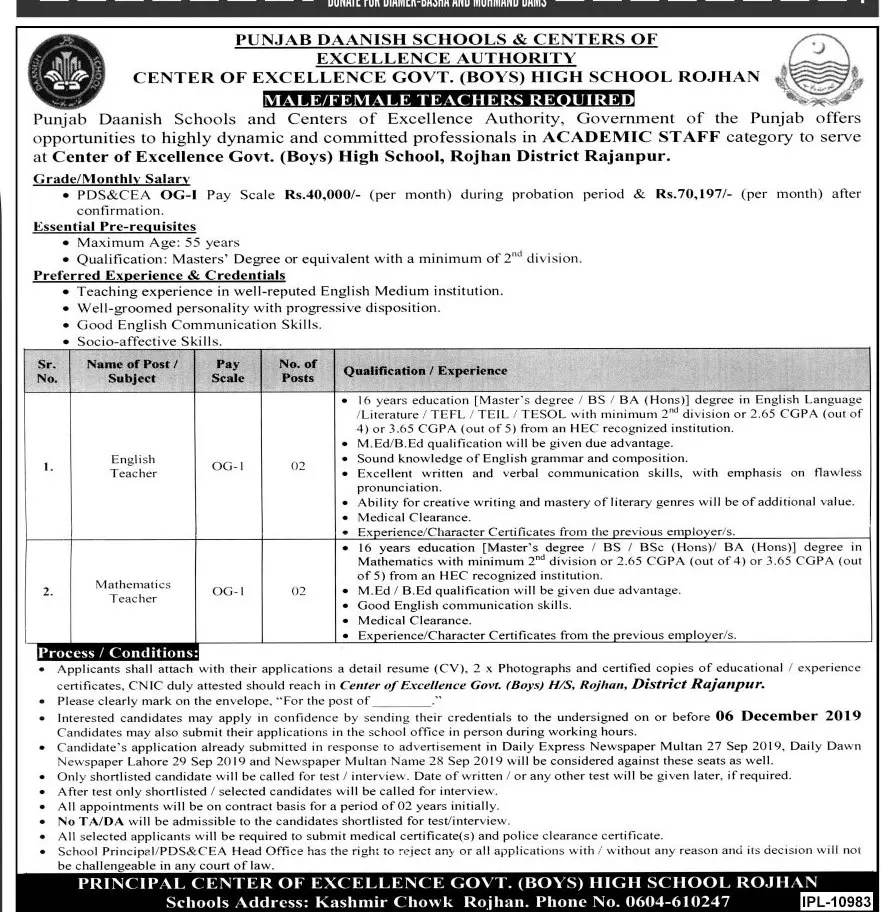 Jobs Punjab Daanish Schools Jobs 2019 — original advertisement