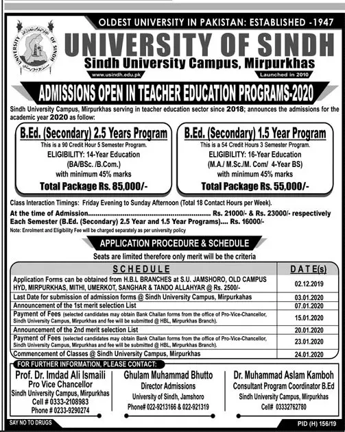 Admissions In University of Sindh Jamshoro Admissions 2019 — original advertisement