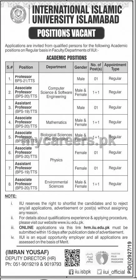 Jobs International Islamic University Islamabad Jobs 2019 — original advertisement