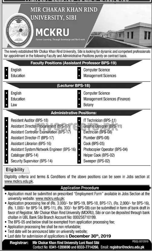 Jobs Mir Chakar Khan Rind University Sibi Jobs 2019 — original advertisement