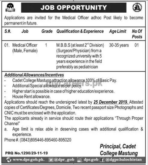 Medical Officer Required Cadet College Mastung – Cadet College Mastung Balochistan Jobs 2019 — original advertisement