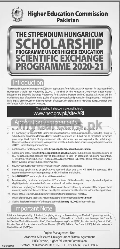 HEC Stipendium Hungaricum Scholarship Programme (2020-21) – Higher Education Commission Islamabad Scholarships 2019 — original advertisement
