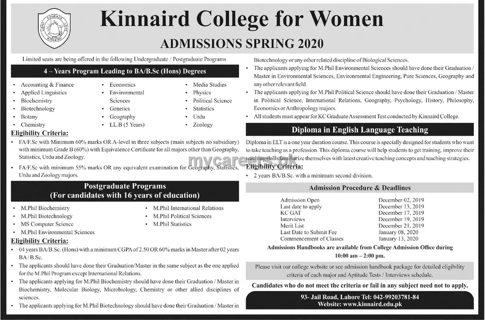 Admissions Kinnaird College For Women Lahore – Punjab Kinnaird College for Women Lahore Admissions 2019 — original advertisement