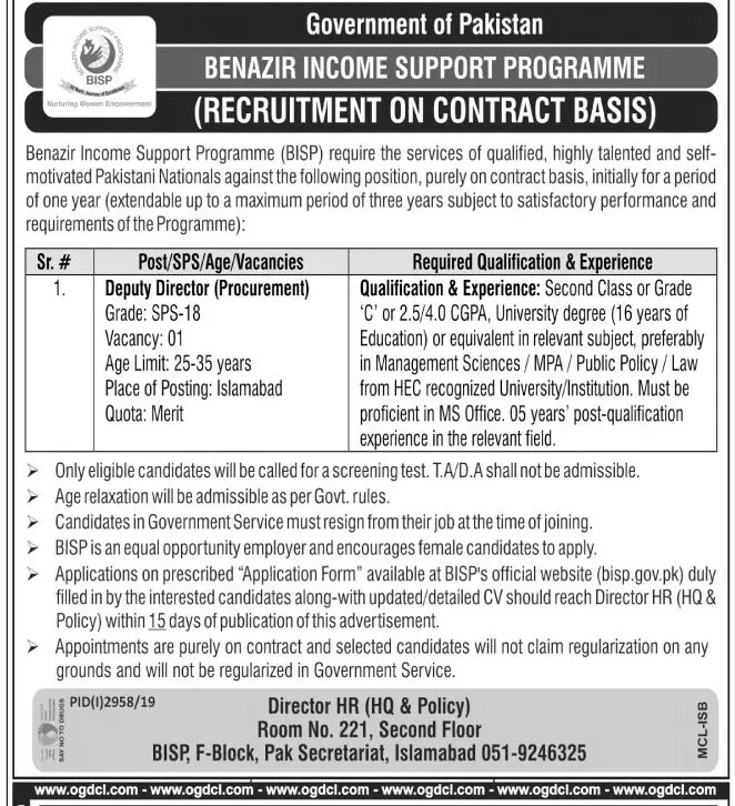 Deputy Director Required Benazir Income Support Programme Jobs 2019 — original advertisement