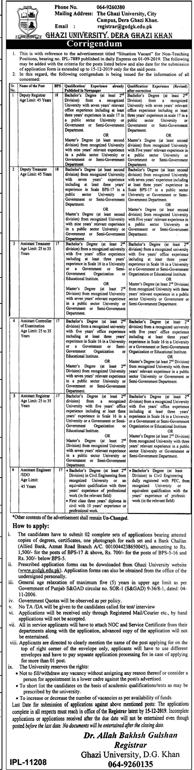 Jobs Corrigendium Ghazi University Dera Ghazi Khan Jobs 2019 — original advertisement