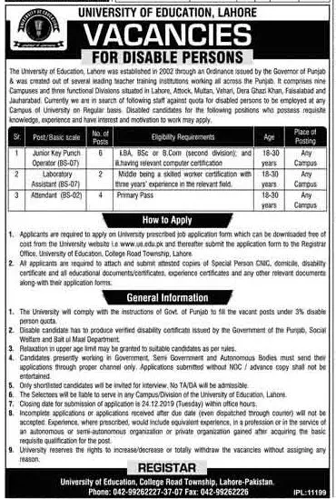 Jobs Disable Quota University of Education Lahore Jobs 2019 — original advertisement