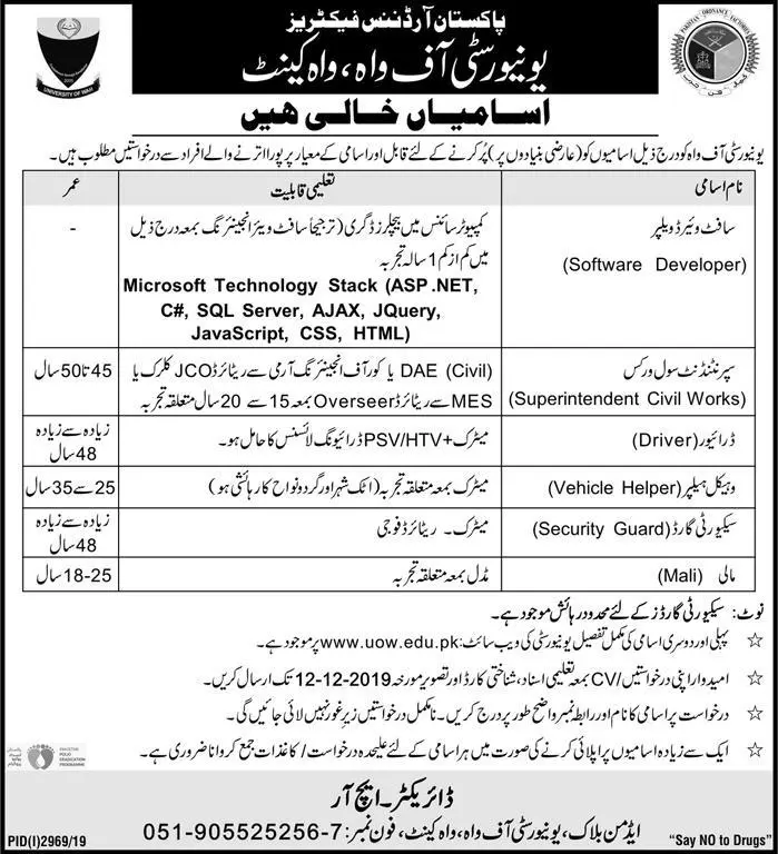 Jobs University of Wah Cantt – University of Wah Wah Cantt Jobs 2019 — original advertisement
