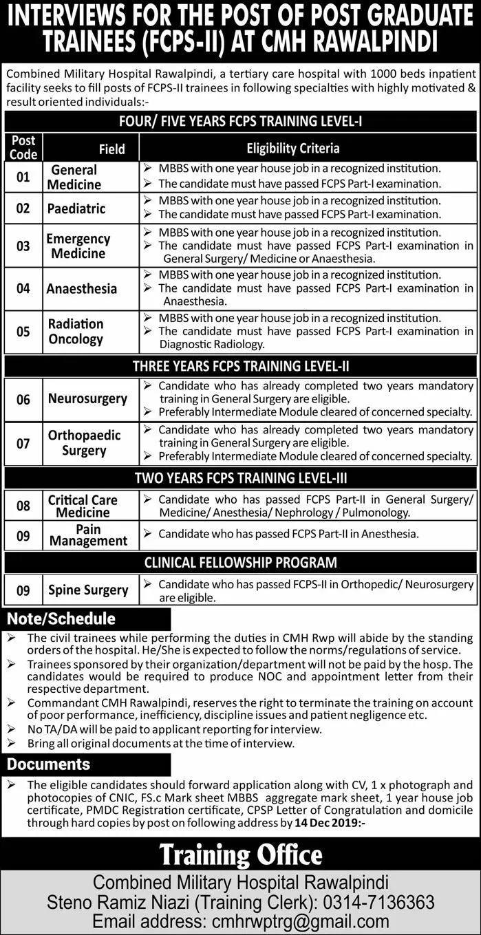 Post Graduate Trainees (FCPS-II) CMH Rawalpindi – Combined Military Hospital CMH Jobs 2019 — original advertisement