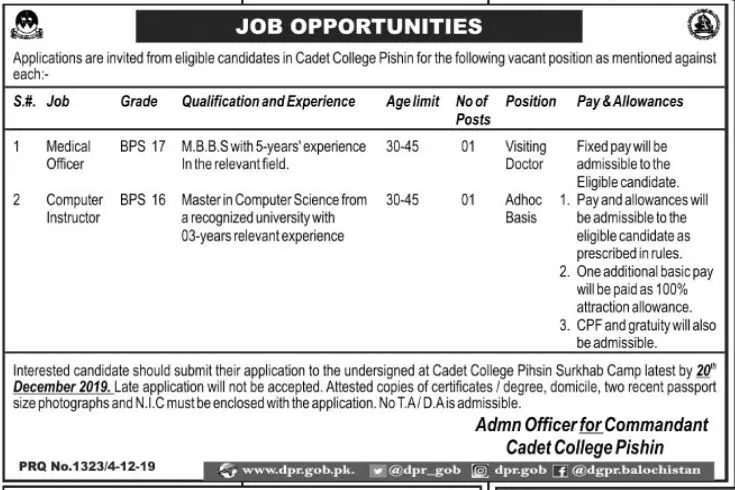 Jobs Cadet College Pishin Jobs 2019 — original advertisement