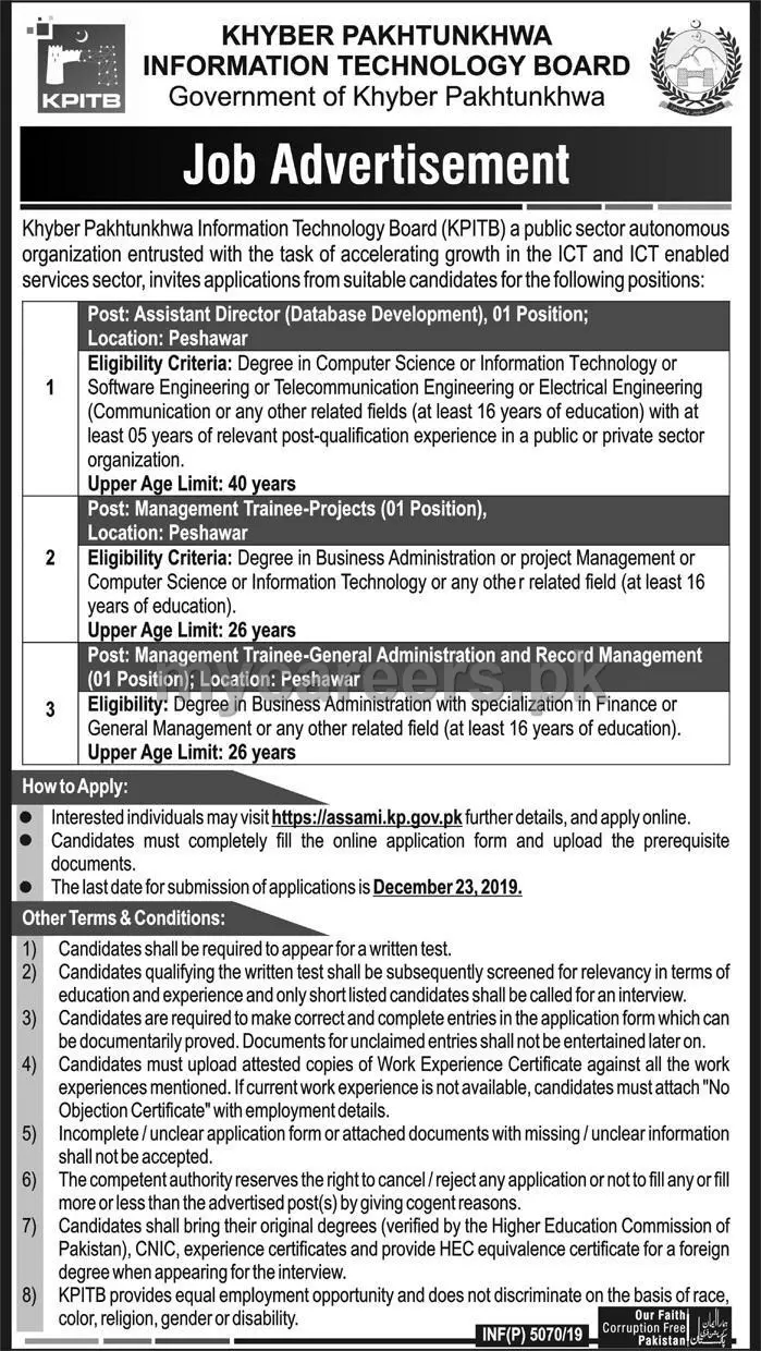 Jobs In Khyber Pakhtunkhwa Information Technology Board – Khyber Pakhtunkhwa Information Technology Board (KPITB) Peshawar Jobs 2019 — original advertisement