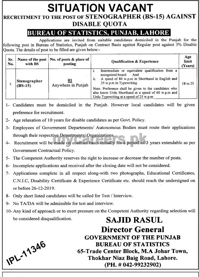 Jobs Disable Quota Bureau of Statistics (BOS), Punjab Jobs 2019 — original advertisement