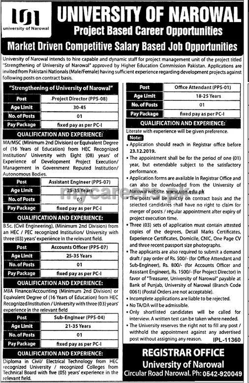 Jobs University of Narowal Punjab Jobs 2019 — original advertisement