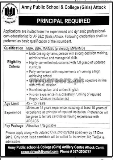 Principal Army Public School & College Attock Punjab Jobs 2019 — original advertisement