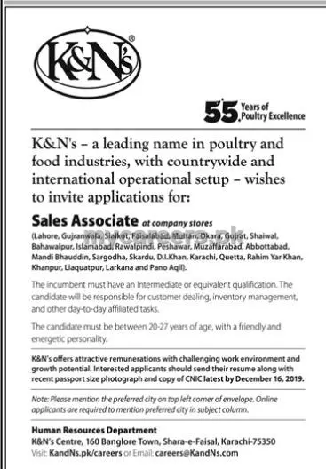 Sales Associates Required All Pakistan  by K&N's Pakistan Jobs 2019 — original advertisement