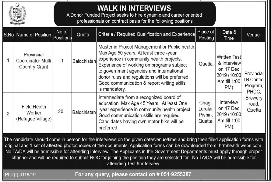 Jobs in Donor Funded Project Balochistan – Public Sector Organization Jobs 2019 — original advertisement