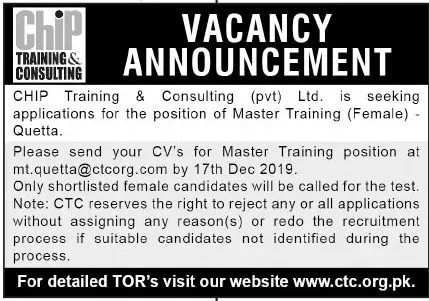 Jobs Chip Training Consultant Balochsitan – Chip Training Consulting Pvt Ltd Jobs 2019 — original advertisement