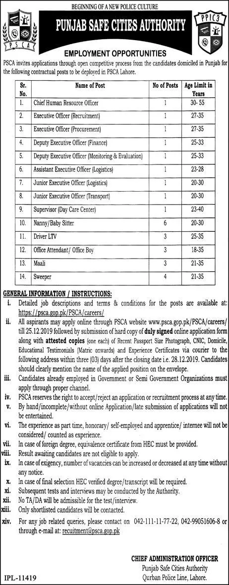 Jobs Punjab Safe Cities Authority PSCA Punjab ad-2 Jobs 2019 — original advertisement
