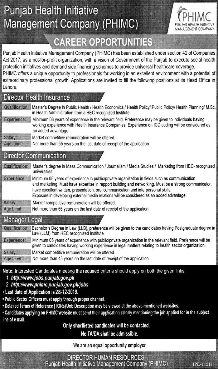 Jobs Punjab Health Initiative Management Company Jobs 2019 — original advertisement