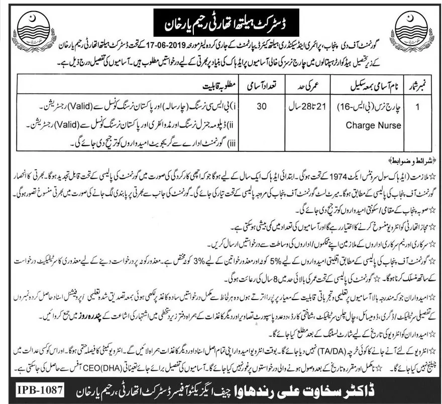 Charge Nurse Required Health Department Rahim Yar Khan – Health Department Punjab Jobs 2019 — original advertisement