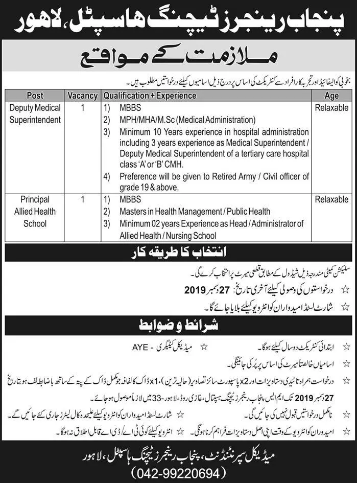 Jobs Punjab Rangers Teaching Hospital Lahore Jobs 2019 — original advertisement