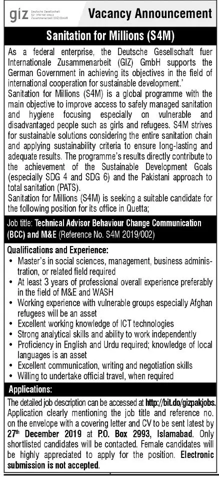 Jobs In GIZ Ngo – GIZ Deutsche Gesellschaft für Internationale Zusammenarbeit (GIZ) GmbH Jobs 2019 — original advertisement