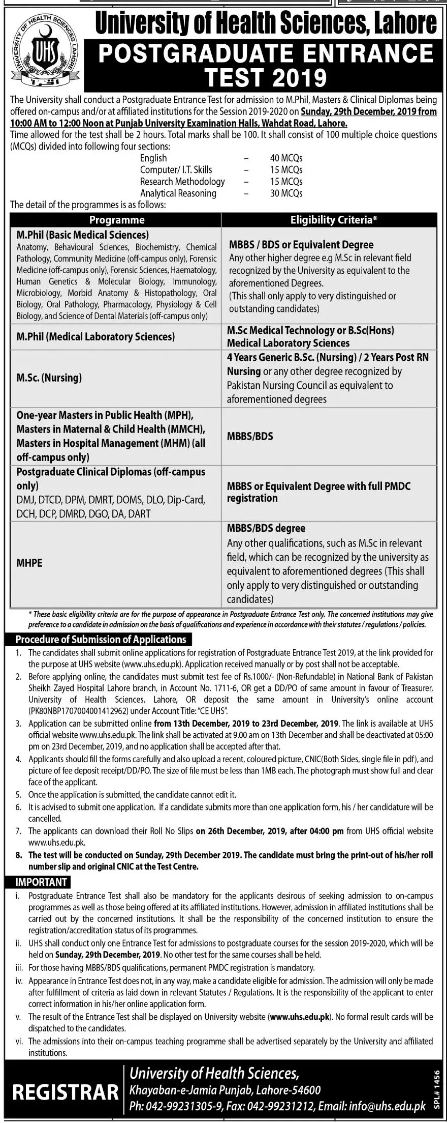 Post Graduate Entrance Test 2019 UHS Lahore – University of Health Sciences Lahore Jobs 2019 — original advertisement