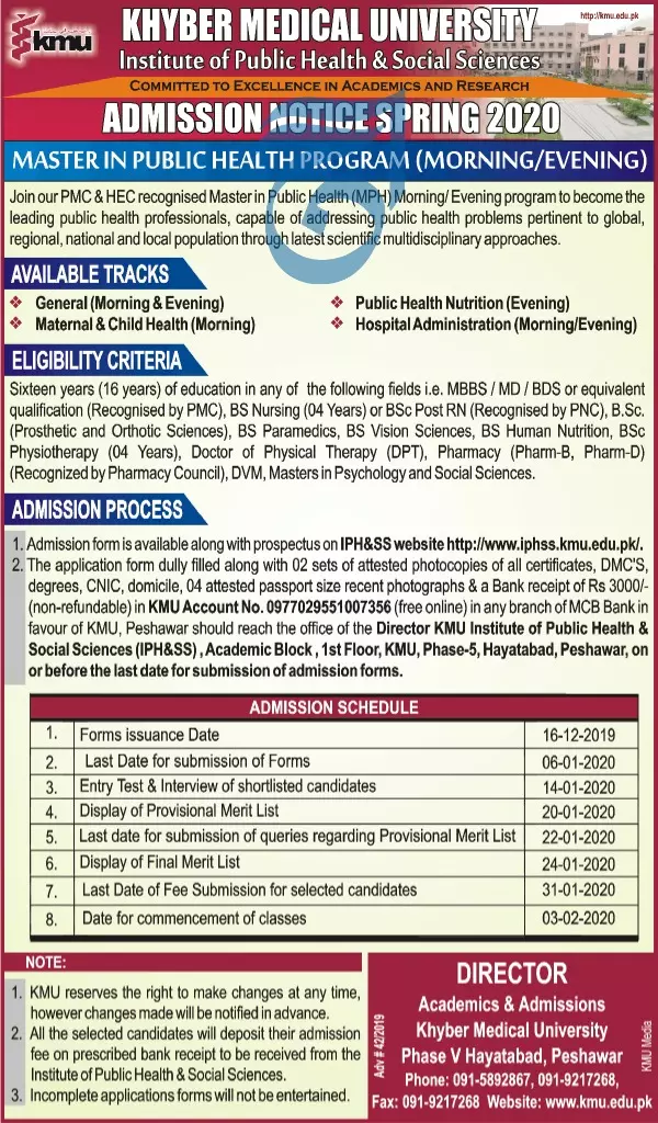 Admission In Khyber Medical University Peshawar Admissions 2019 — original advertisement