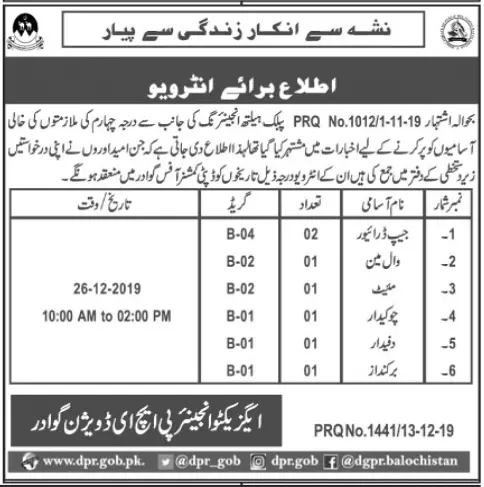 Interviews Public Health Engineering Deptt Gwadar – Public Health Engineering Department Balochistan Jobs 2019 — original advertisement