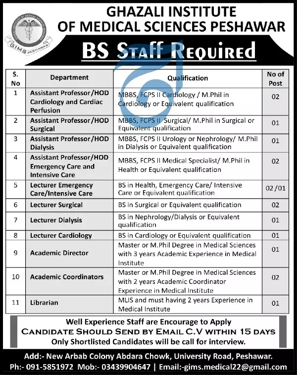 Jobs Ghazali Institute of Medical Sciences Peshawar – Private Sector Organization Jobs 2019 — original advertisement