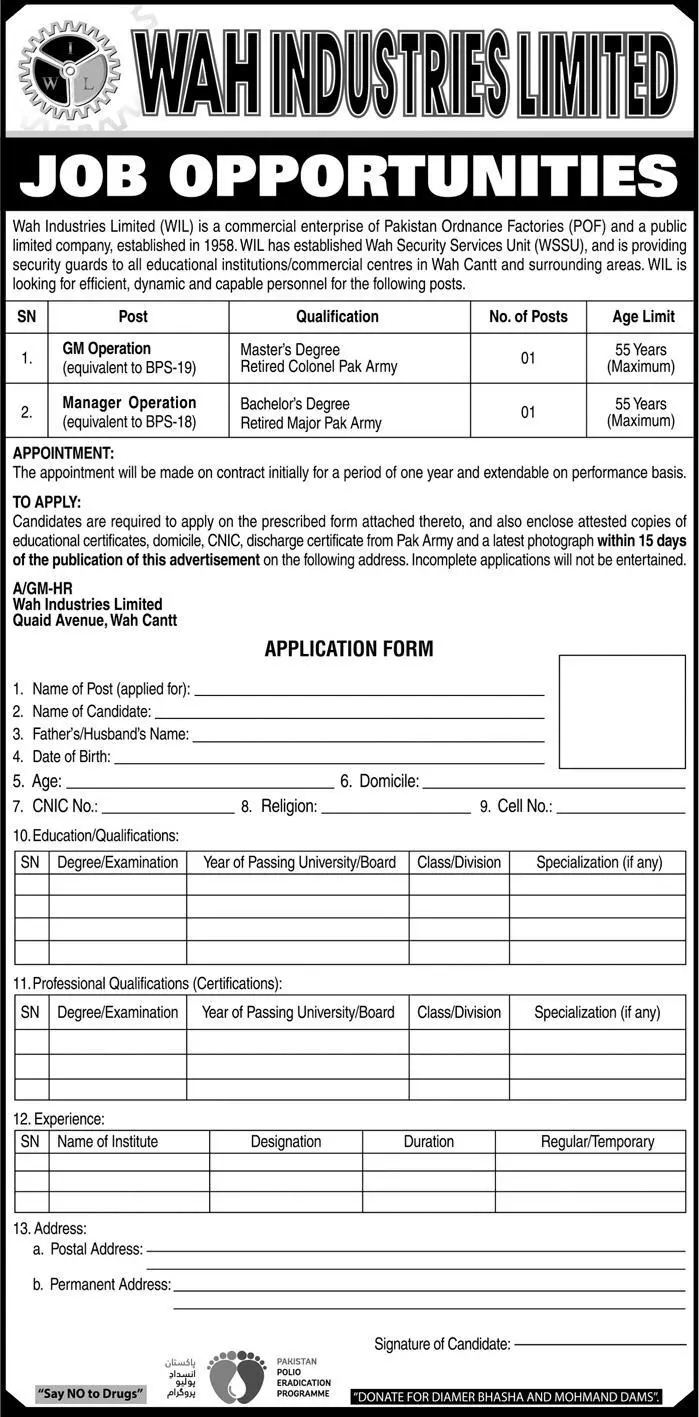 Jobs Wah Industries Limited Jobs 2019 — original advertisement