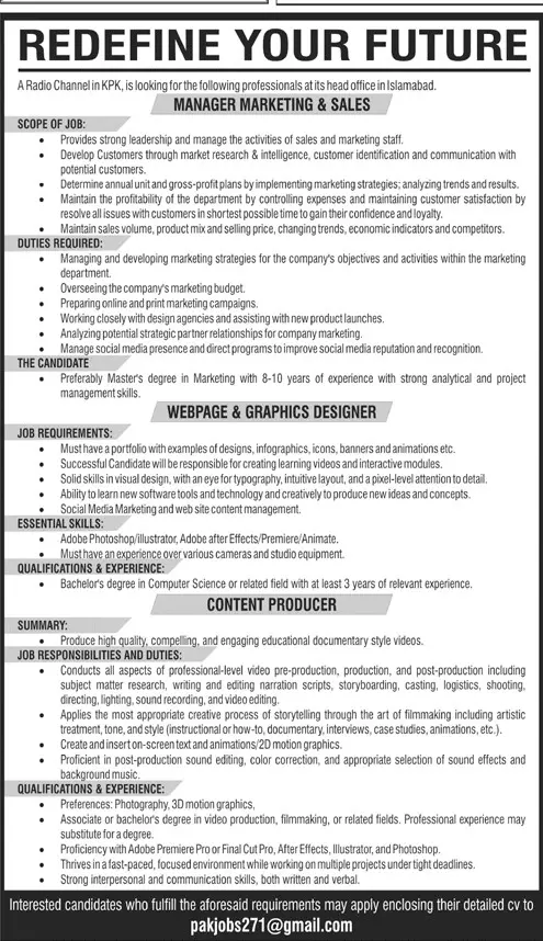 Jobs in Radio Channel Kpk – Private Company Jobs 2019 — original advertisement