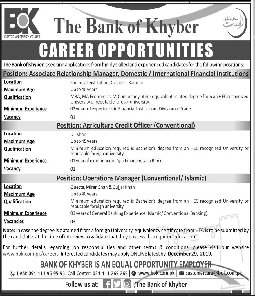 Jobs in Bank of Khyber Jobs 2019 — original advertisement