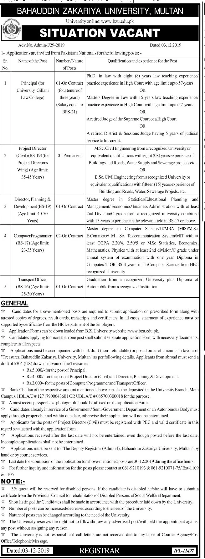 Jobs BZU Multan – Bahauddin Zakariya University Multan Jobs 2019 — original advertisement