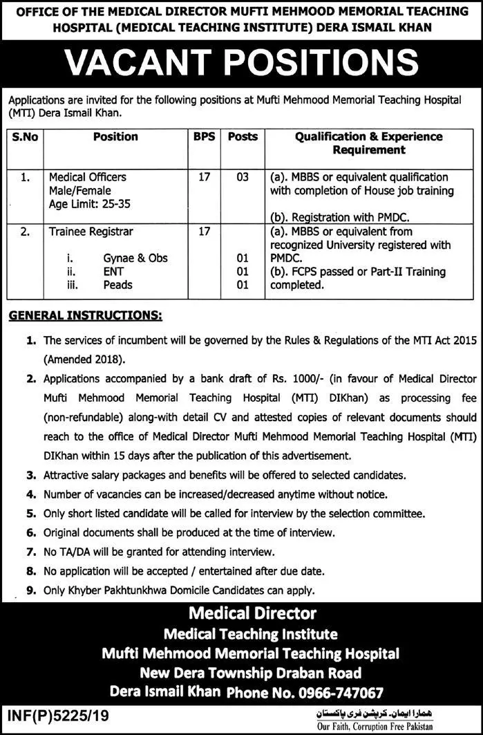 Jobs Mufti Mehmood Memorial Teaching Hospital DI Khan Jobs 2019 — original advertisement