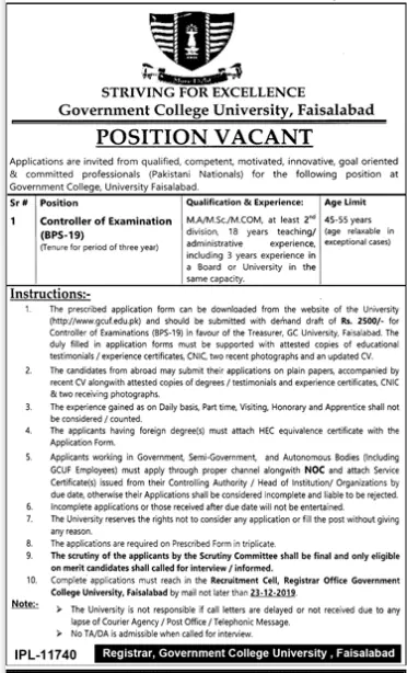 Jobs Govt College university Faisalabad Jobs 2019 — original advertisement