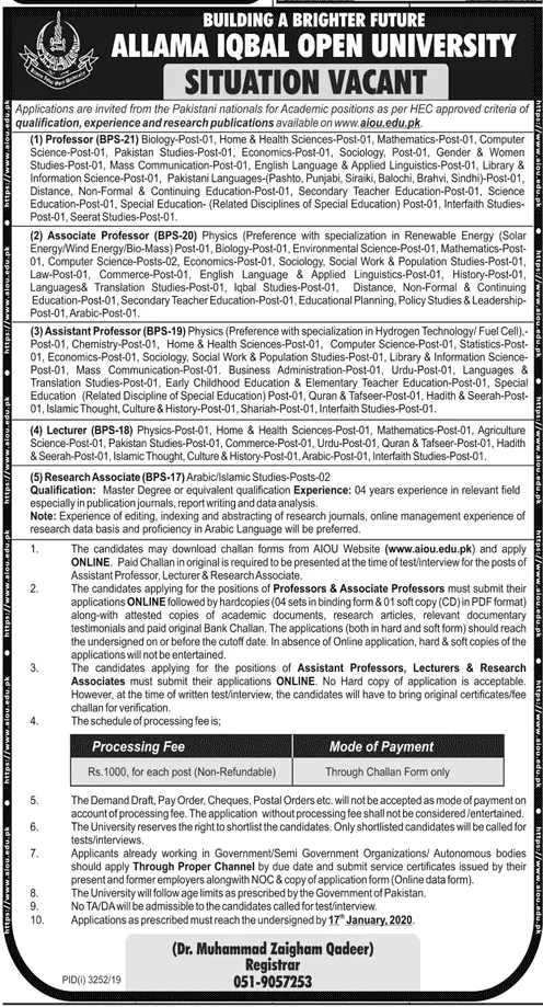 Jobs Allama Iqbal Open University Islamabad Jobs 2019 — original advertisement