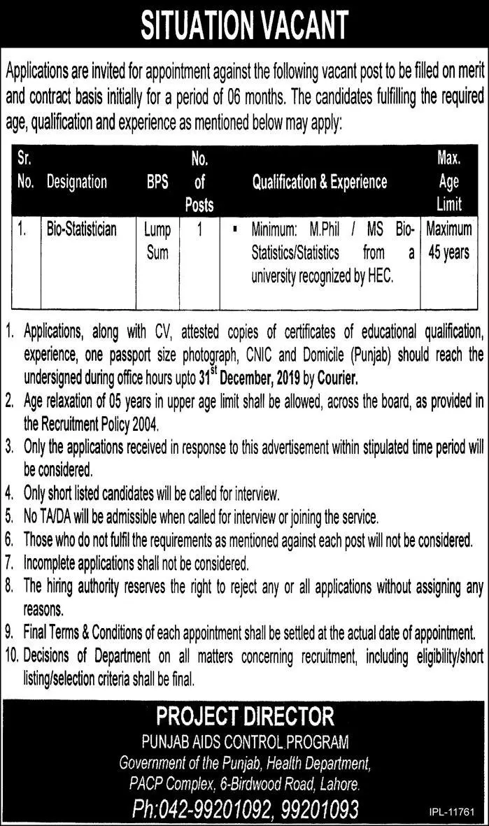 Jobs Punjab Aids Control Program – Health Department Punjab Jobs 2019 — original advertisement