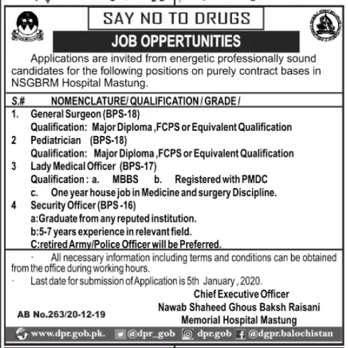 Jobs In Nawab Shaheed Ghous Bakhsh Raisani Memorial Hospital – Nawab Shaheed Ghous Bakhsh Raisani Memorial Hospital Mastung Jobs 2019 — original advertisement