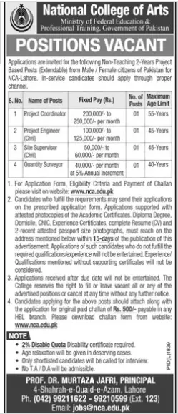 Jobs National College of Arts, NCA Lahore Jobs 2019 — original advertisement