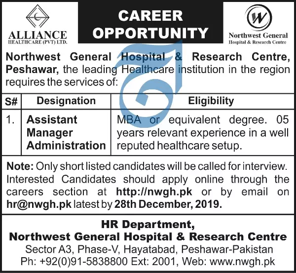 Jobs Northwest General Hospital Peshawar – Private Sector Organization Jobs 2019 — original advertisement