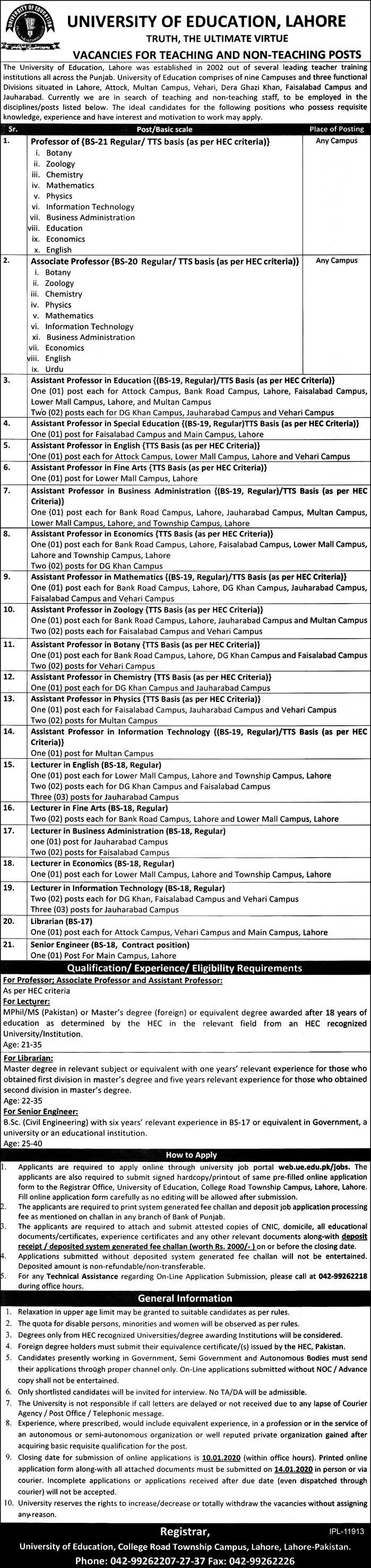Jobs University of Education Lahore Jobs 2019 — original advertisement