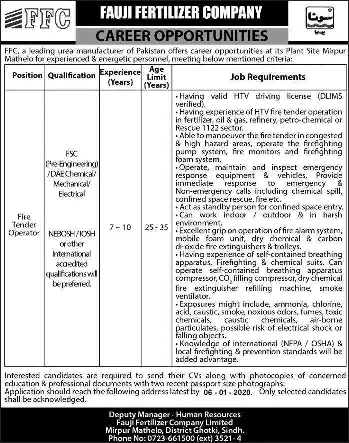 Jobs Fauji Fertilizer Company – Fauji Fertilizer Company Limited Jobs 2019 — original advertisement
